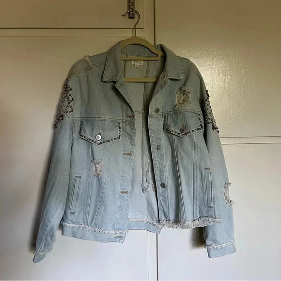 POL Shimmering Jewel Denim Jean Jacket Beaded Distressed Size Large - Picture 4 of 16